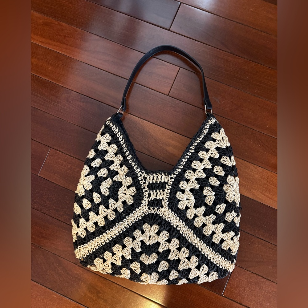 Handmade Black & Cream Crochet Straw Shoulder Bag